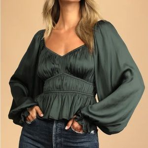 Sophisticate Dark Green Satin Ruched Long Sleeve Top from Lulus